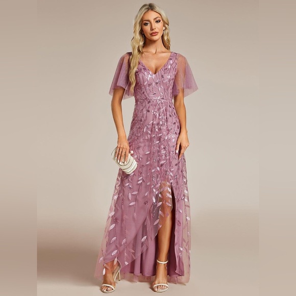 Sequin High Low V-Neck Midi Formal Wedding Guest Dress - Picture 1 of 9